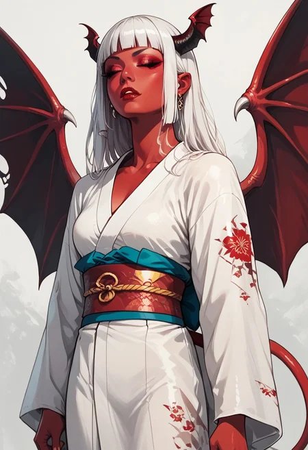 female focus, solo focus, solo, score_9, score_8_up, score_7_up, 1 girl, demon girl, red skin, white hair, hime cut, hime, kimono, japanese clothes, wings, bat wings, tail