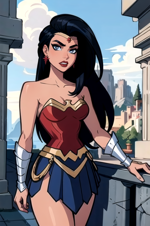 masterpiece,best quality,extreme detail,8k,<lora:wonder2:0.6>,wonderaction,1girl,solo,long hair,breasts,skirt,black hair,bare shoulders,jewelry,medium breasts,earrings,teeth,armor,black eyes,blue skirt,strapless,parody,red lips,forehead jewel,pillar,