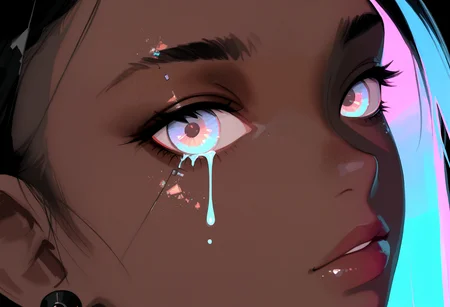 masterpiece, best quality, newest, absurdres, highres, female, iridescent hair, surreal liquid distortion, fluid-like strands flowing over face, glowing tears, abstract glitch, soft focus, blurred vision, cyberpunk elements, with the theme "dreams in liquid glitch", ethereal, hauntingly beautiful, soft light, distorted colors, delicate but intense emotion, chaotic tranquility, 69yotte4_illu, ilya kuvshinov, eye focus, close-up, detailed eyes, photorealism, photography \(artwork\), skin pores, peach fuzz, dark-skinned female, ta-illu, bamf-illu,  <lora:Beautiful_Mahogany_Style_Illu_Edition:0.85> <lora:Tomomi_Abe_Style_V1_Illu_Edition:0.77> <lora:69yottea_illu_v2:0.85>