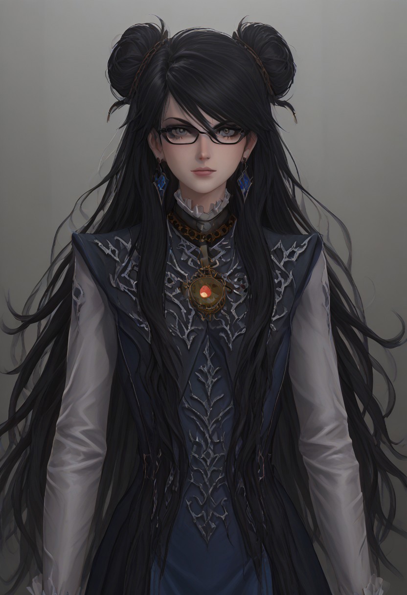 ,score_9, score_8_up, score_7_up,<lora:brawl_style_1_2_R:0.8>, 1girl, brawl, bayonetta 2, Black Hair, Very Long Hair, Epic Hair, Big Hair, Wavy Hair, Ponytail, Dual Bun, Brawl Stars Style, Blue Triangle Earrings, Gray Eyes, White Long Gloves, Long Sleeves, Skirt, Eyeglasses, Half Body, {{Sakimichan Style}}
