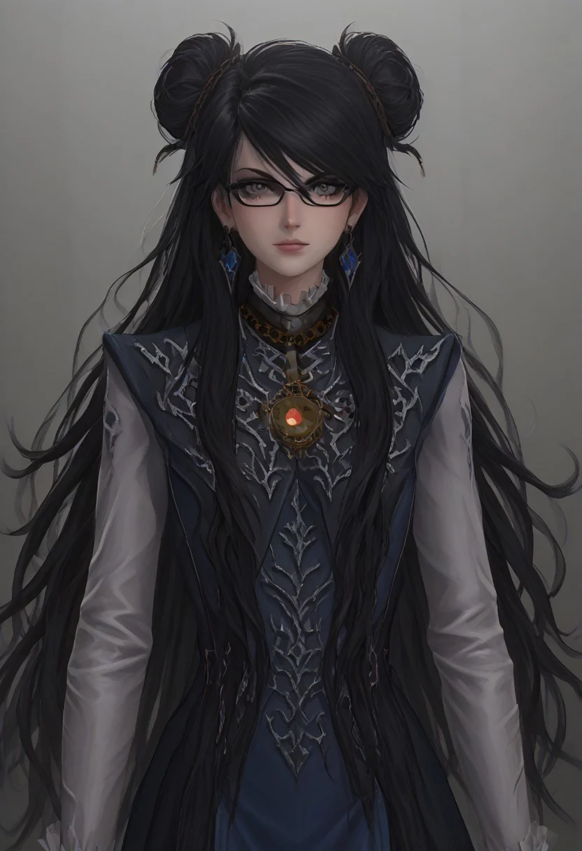 ,score_9, score_8_up, score_7_up,<lora:brawl_style_1_2_R:0.8>, 1girl, brawl, bayonetta 2, Black Hair, Very Long Hair, Epic Hair, Big Hair, Wavy Hair, Ponytail, Dual Bun, Brawl Stars Style, Blue Triangle Earrings, Gray Eyes, White Long Gloves, Long Sleeves, Skirt, Eyeglasses, Half Body, {{Sakimichan Style}}