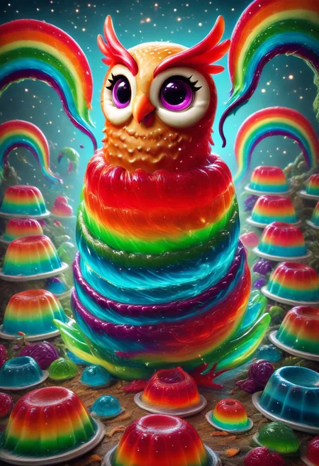 a cute chibby chicken mixed with a owl with big rainbow eyes made out of Jellystyle fractangles, it wears a cool rainbow bandana, very detailed, 4k, sharp, eating rainbow worms