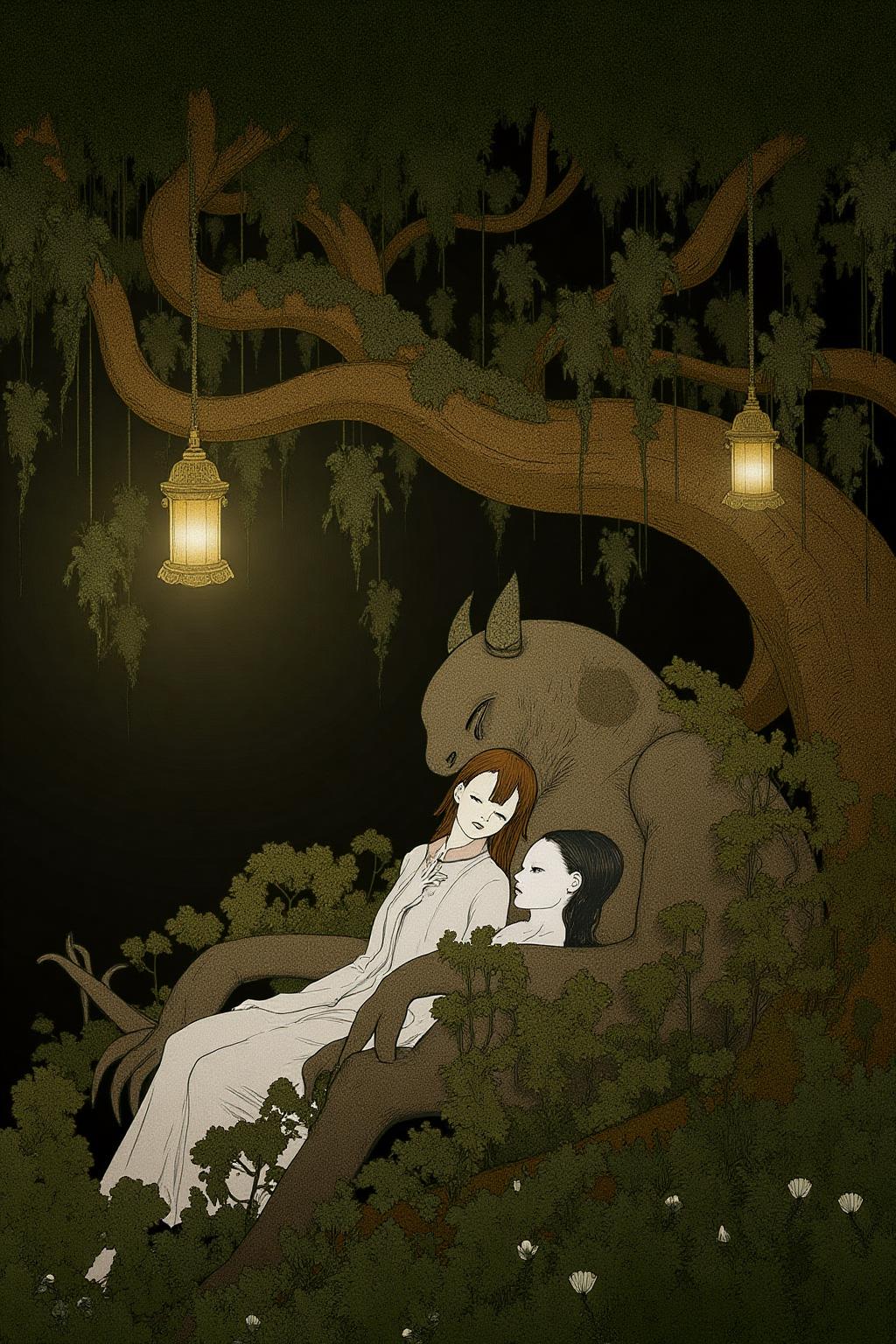kchiba1 illustration. 
A woman and a sleeping demon. The woman sits gracefully under a sprawling tree with lush, curving branches and hanging vines. Her expression is calm and serene as she gazes thoughtfully into the distance. Resting his head gently on her lap is a large demon with a powerful, otherworldly presence. The demon, though fearsome in size, appears vulnerable as he lies beside her. His skin has a muted, earthy tone, and his features--sharp and beastly--are softened by a look of weary contentment. His claws are retracted, and he exudes a mixture of strength and peace in her presence. The tree's twisted branches arc above them, framing the scene like a natural canopy. Golden lamps hang from the tree, casting warm, soft light, illuminating the two figures in a magical glow 
 <lora:kchiba1_cap_d6a3:1.0><lora:837666344108388223:0>