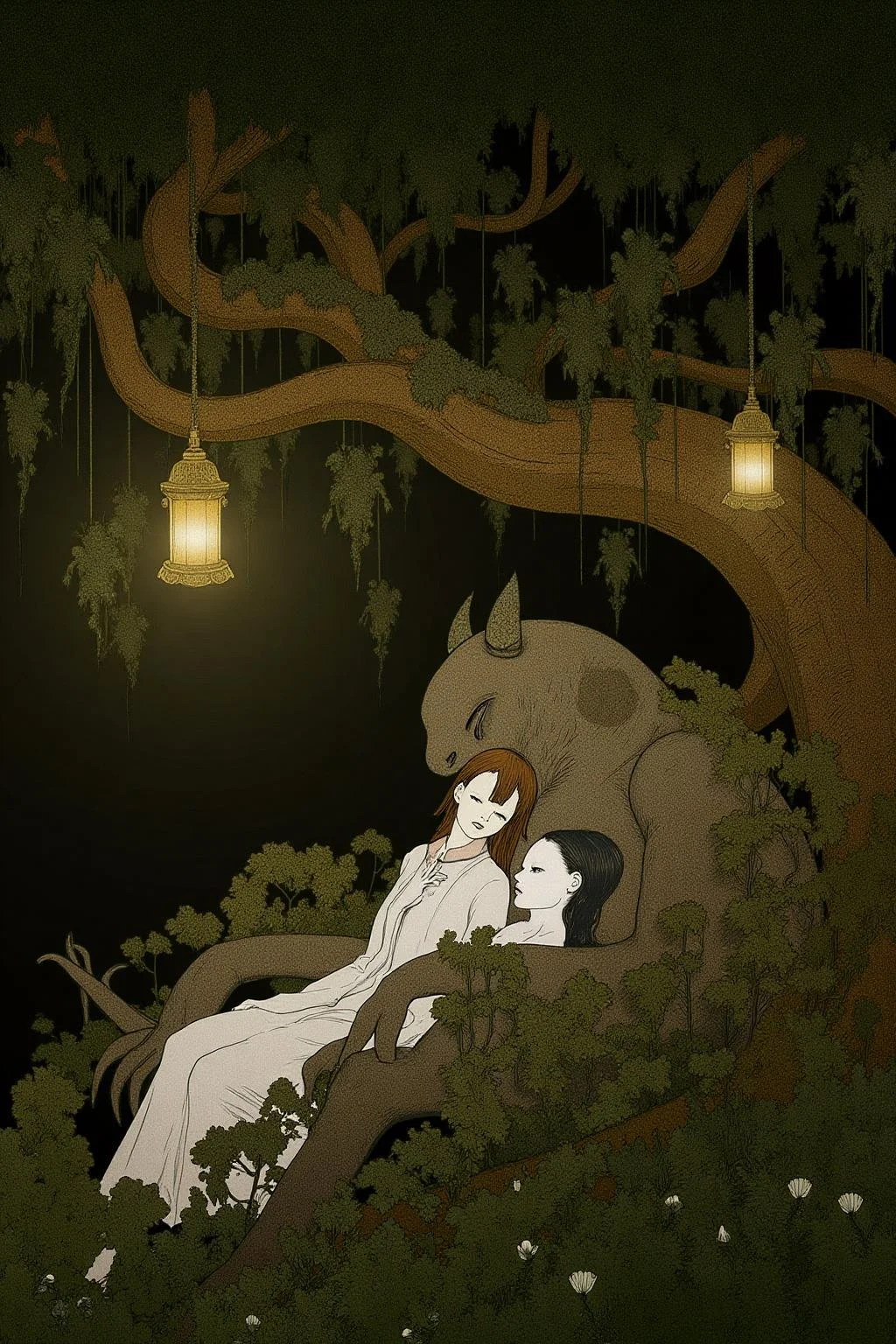 kchiba1 illustration.
A woman and a sleeping demon. The woman sits gracefully under a sprawling tree with lush, curving branches and hanging vines. Her expression is calm and serene as she gazes thoughtfully into the distance. Resting his head gently on her lap is a large demon with a powerful, otherworldly presence. The demon, though fearsome in size, appears vulnerable as he lies beside her. His skin has a muted, earthy tone, and his features--sharp and beastly--are softened by a look of weary contentment. His claws are retracted, and he exudes a mixture of strength and peace in her presence. The tree's twisted branches arc above them, framing the scene like a natural canopy. Golden lamps hang from the tree, casting warm, soft light, illuminating the two figures in a magical glow
<lora:kchiba1_cap_d6a3:1.0><lora:837666344108388223:0>