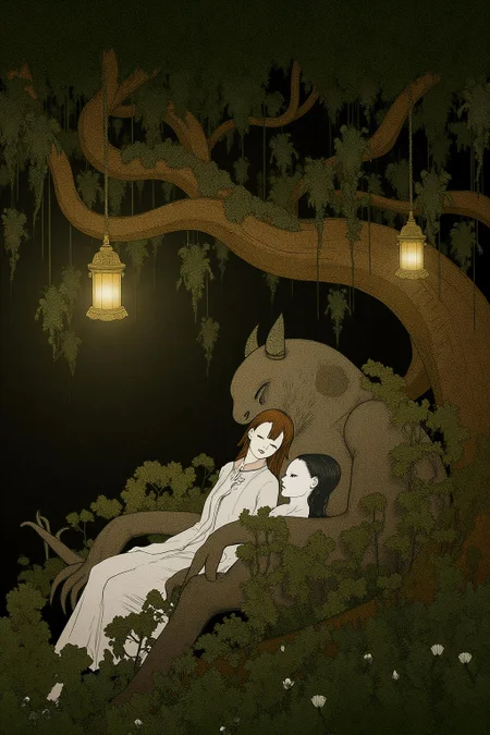 kchiba1 illustration.
A woman and a sleeping demon. The woman sits gracefully under a sprawling tree with lush, curving branches and hanging vines. Her expression is calm and serene as she gazes thoughtfully into the distance. Resting his head gently on her lap is a large demon with a powerful, otherworldly presence. The demon, though fearsome in size, appears vulnerable as he lies beside her. His skin has a muted, earthy tone, and his features--sharp and beastly--are softened by a look of weary contentment. His claws are retracted, and he exudes a mixture of strength and peace in her presence. The tree's twisted branches arc above them, framing the scene like a natural canopy. Golden lamps hang from the tree, casting warm, soft light, illuminating the two figures in a magical glow
<lora:kchiba1_cap_d6a3:1.0><lora:837666344108388223:0>
