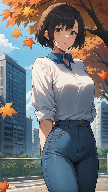 score_9,score_8_up,score_7_up,score_6_up, <lora:xl_more_art-full_v1:0.5>, source_anime, girl, dynamic pose, arms behind her back, <lora:Song-Yi Han - Pony-000004:0.7>, short hair, black hair, green eyes, mole under eye, white shirt, rolled up sleeves, blue collar, tucked in shirt, blue jeans, city park, autumn leaves, falling leaves,