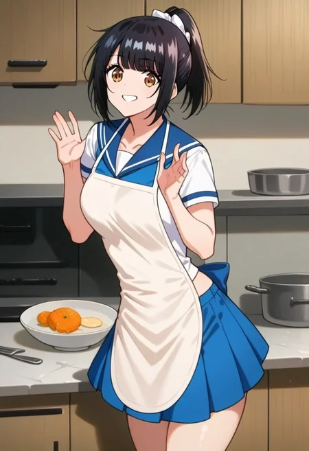 ,Expressiveh, score_9, score_8_up, score_7_up, source_anime, 
BREAK 
Female Character: 
1girl, solo,Mizuki Yuiga, Bokutachi wa Benkyou ga Dekinai,black hair, short hair,bangs, ponytail, hair ribbon, white hair ribbon, brown eyes, medium breasts ,random pose
BREAK
random expressions,((from back))
BREAK ,sexy pose, legs sexy,ass
BREAK 
,Sailor uniform, blue skirt, white apron, standing, smile, full body,kitchen