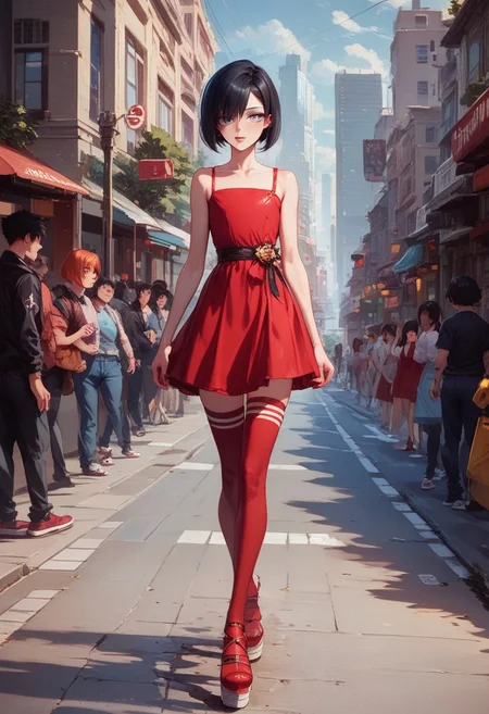 score_9, score_8_up, score_7_up, 1boy, femboy, otoko no ko, short hair, bob cut hair, black hair, grey eyes, gray eyes, feminine face, toned body, Shelly, walking, confident, whistling, reij-rosie, red dress, red platform strappy heels, red stockings, zettai ryouki, highly detailed, intricate, zzCitronLegacy, city, sidewalk, crowded, morning
