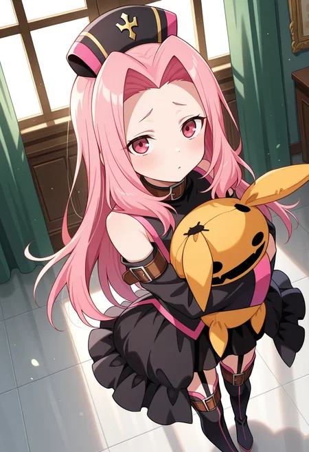 god rays, royal palace, indoor, floor reflection,
BREAK,
standing, neutral expression, holding stuffed toy,
full body, dynamic angle,
BREAK,
<lora:arietta_illustriousXL_v04:0.9>
ariettadef, black headwear, pink hair, pink eyes, very long hair, parted hair,
zettai ryouiki, detached sleeves, frills, black dress,
garter straps, thighhighs, thigh boots,, source_anime, very aesthetic, anime coloring, masterpiece,
best quality, amazing quality, ultra detailed, very aesthetic,
detailed background,
BREAK,