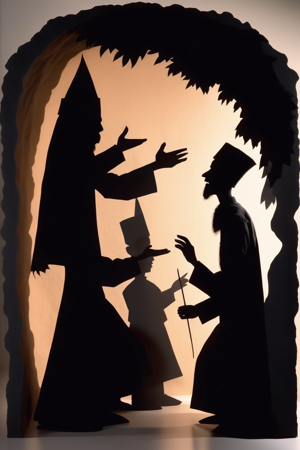 <lora:Lotte Reinige Style:1>Lotte Reinige Style - Shadow puppetry, an Ottoman imam in a cave with a tree