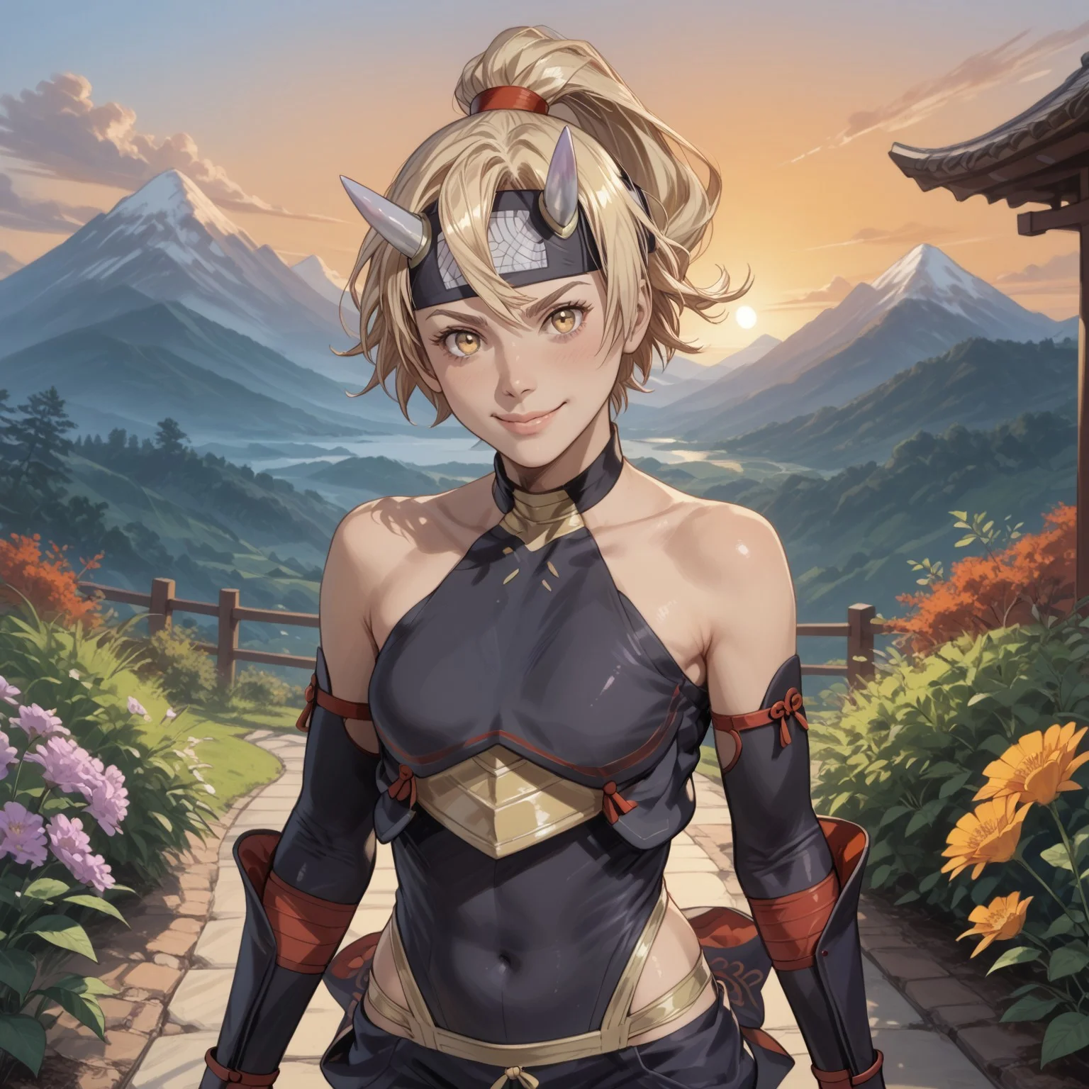 safe_pos, safe_pos, safe_pos, safe_pos, safe_pos, safe_pos, score_9, score_8_up, score_8, score_7_up, score_7, ExpressiveH, ( spikes:1)
BREAK
1girl, solo, Aoi, blonde hair, yellow eyes, defaultaoi, horns, headband, forehead protector, ponytail, bare shoulders, ninja, armor, ribbon on back, broad hips, looking at viewer, head tilt, seductive look, aroused, horny, standing, oiled skin, looking at viewer, lips parted, blushing, mischievous smile
BREAK
Garden, sunset, orange sky, purple sky, mountainous horizon