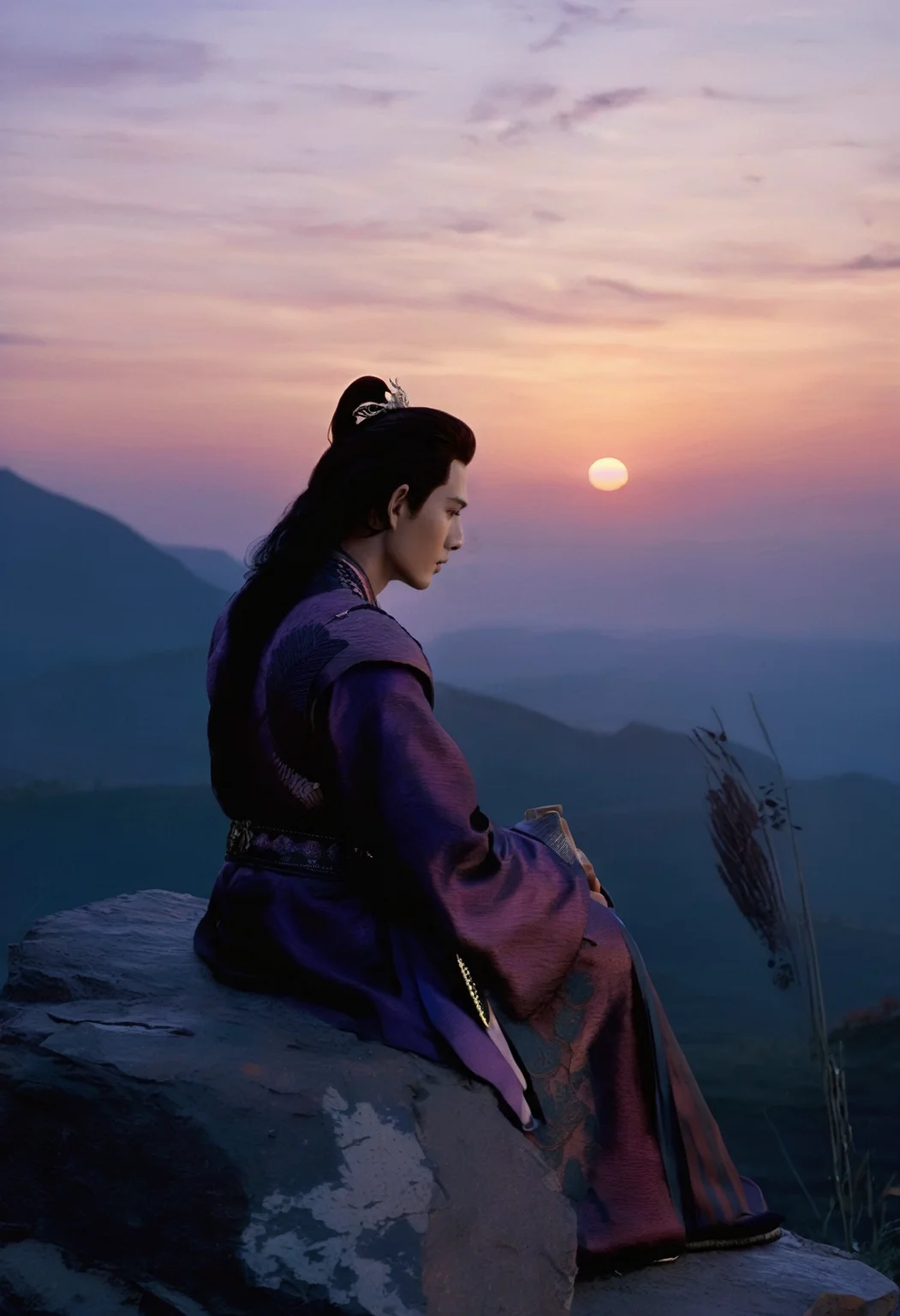 professional 3d model cinematic still Capturing a nostalgic essence in a Wong Kar-wai cinematic style, the illustration shows a male wuxia warrior seated on a mountain peak at dusk. he gaze is distant, lost in memories of bygone days. The vast landscape stretches behind him, a palette of twilight blues and purples, evoking a sense of both peace and longing. his traditional attire blends with the natural hues of the setting, as the last rays of the sun catch the delicate fabric, making it glow with a soft luminescence. The scene is quiet, with only the whisper of the wind suggesting movement, as if nature itself is pausing to share in her reverie of the past's beautiful moments.. emotional, harmonious, vignette, 4k epic detailed, shot on kodak, 35mm photo, sharp focus, high budget, cinemascope, moody, epic, gorgeous, film grain, grainy. octane render, highly detailed, volumetric, dramatic lighting, cute, professional fine detail, pretty, perfect, colorful, strong deep colors