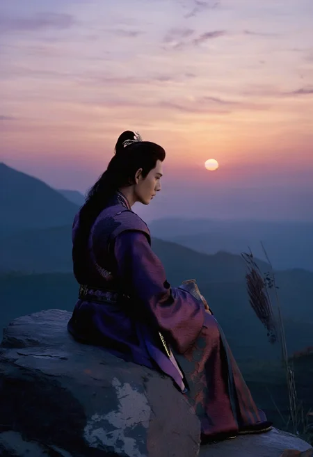 professional 3d model cinematic still Capturing a nostalgic essence in a Wong Kar-wai cinematic style, the illustration shows a male wuxia warrior seated on a mountain peak at dusk. he gaze is distant, lost in memories of bygone days. The vast landscape stretches behind him, a palette of twilight blues and purples, evoking a sense of both peace and longing. his traditional attire blends with the natural hues of the setting, as the last rays of the sun catch the delicate fabric, making it glow with a soft luminescence. The scene is quiet, with only the whisper of the wind suggesting movement, as if nature itself is pausing to share in her reverie of the past's beautiful moments.. emotional, harmonious, vignette, 4k epic detailed, shot on kodak, 35mm photo, sharp focus, high budget, cinemascope, moody, epic, gorgeous, film grain, grainy. octane render, highly detailed, volumetric, dramatic lighting, cute, professional fine detail, pretty, perfect, colorful, strong deep colors