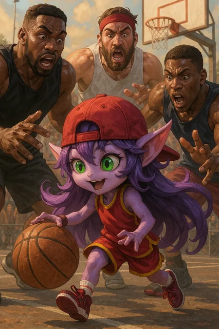 Lulu from league of legends playing street basketball, densely packed sport clash, comedic, lulu is small compared to everybody else