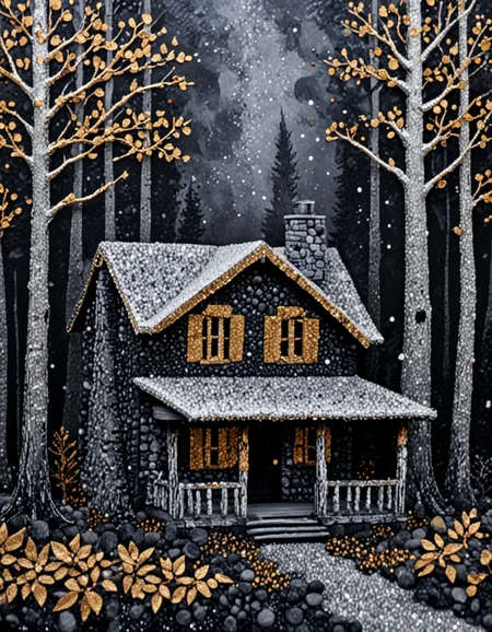 novuschroma63 style rustic cabin deep in the woods with a charming log exterior , made of silver and gold glitter <lora:sdxl_lightning_8step_lora:1> <lora:novuschroma63 style:1>
