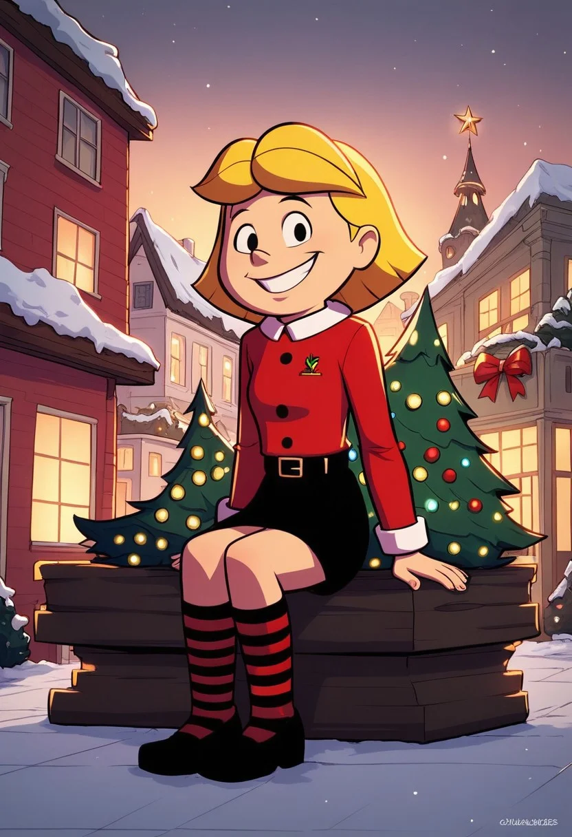 score_9_up, score_8_up, EmilyElizabeth, 1girl, solo, blonde hair, short hair, black eyes, smile, santa claus suit, black belt, skirt, striped thighhighs, black footwear, <lora:EmilyElizabethHoward_Clifford_PXL_Leaf1:0.8>, christmastree, city, sitting on banch, fullbody,