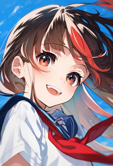 score_9, score_8_up, score_7_up, score_6_up, <lora:MikaPikaZoXL_Js2_lokr_V42310:0.95> 1girl, solo, smile, long hair, looking at viewer, open mouth, school uniform, blue sailor collar, sailor collar, serafuku, blush, floating hair, multicolored hair, black hair, portrait, red eyes, :d, blue sky, sky, white shirt, shirt, brown hair, teeth, neckerchief, red hair, blue background, day, wind