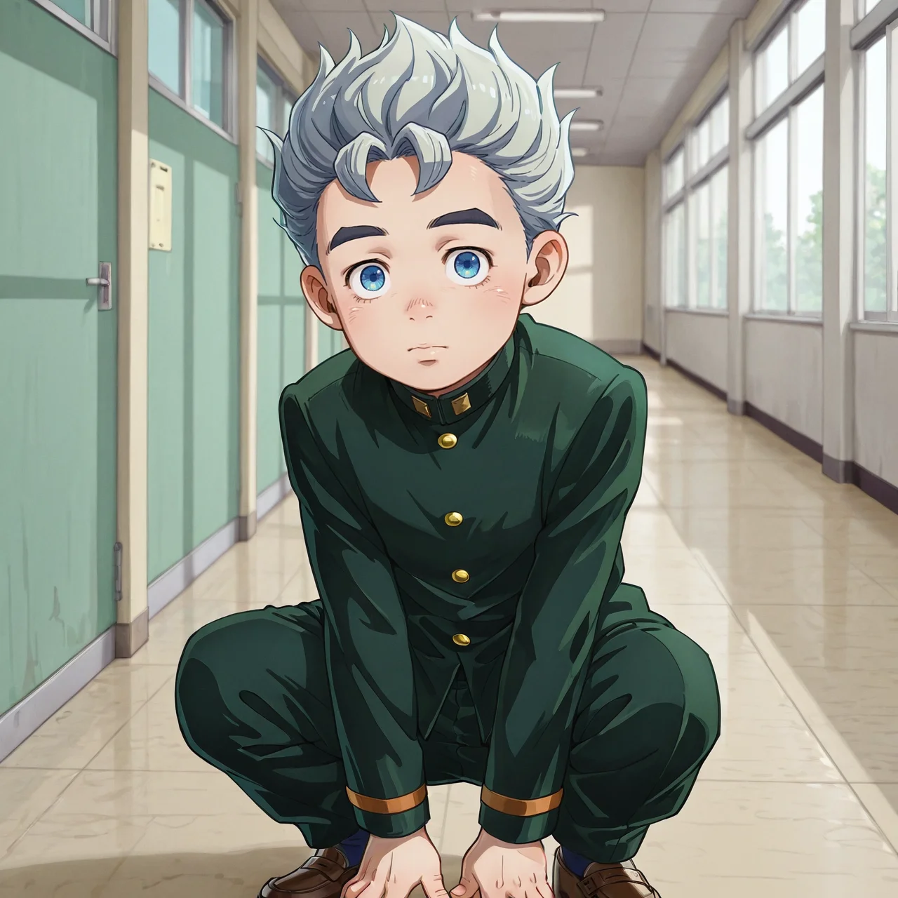 Boy squatting in school hallway, solo, koichi hirose, looking at viewer, gakuran, green blazer, green pants, brown shoes, dark blue socks, silver hair, blue eyes,   <lora:Koichi_Hirose:0.8>