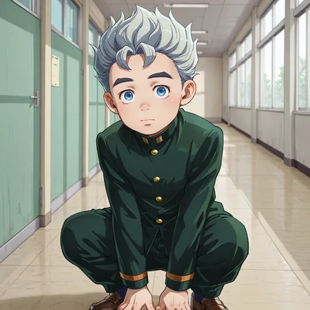 Boy squatting in school hallway, solo, koichi hirose, looking at viewer, gakuran, green blazer, green pants, brown shoes, dark blue socks, silver hair, blue eyes, <lora:Koichi_Hirose:0.8>