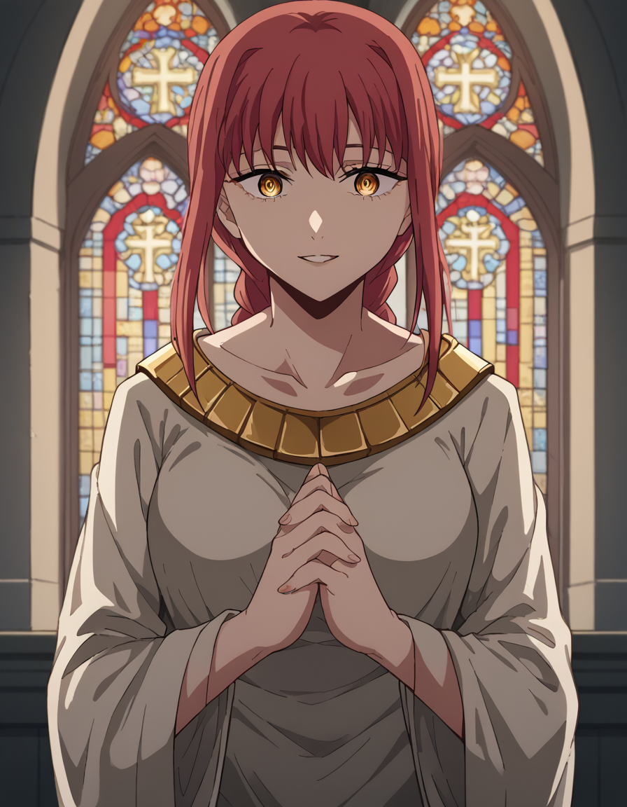 score_9, score_8_up, score_7_up, source_anime, <lora:chainsaw-man-makima-s1-ponyxl-lora-nochekaiser:1> makima, long hair, smile, bangs, yellow eyes, braid, red hair, braided ponytail, ringed eyes, medium breasts,, <lora:buddhist-nun-ponyxl-lora-nochekaiser:1>, buddhist nun, nun, habit, vitakra mudra, mudra, coif, gold necklace, priestess,, church, parted lips, praying,, cowboy shot