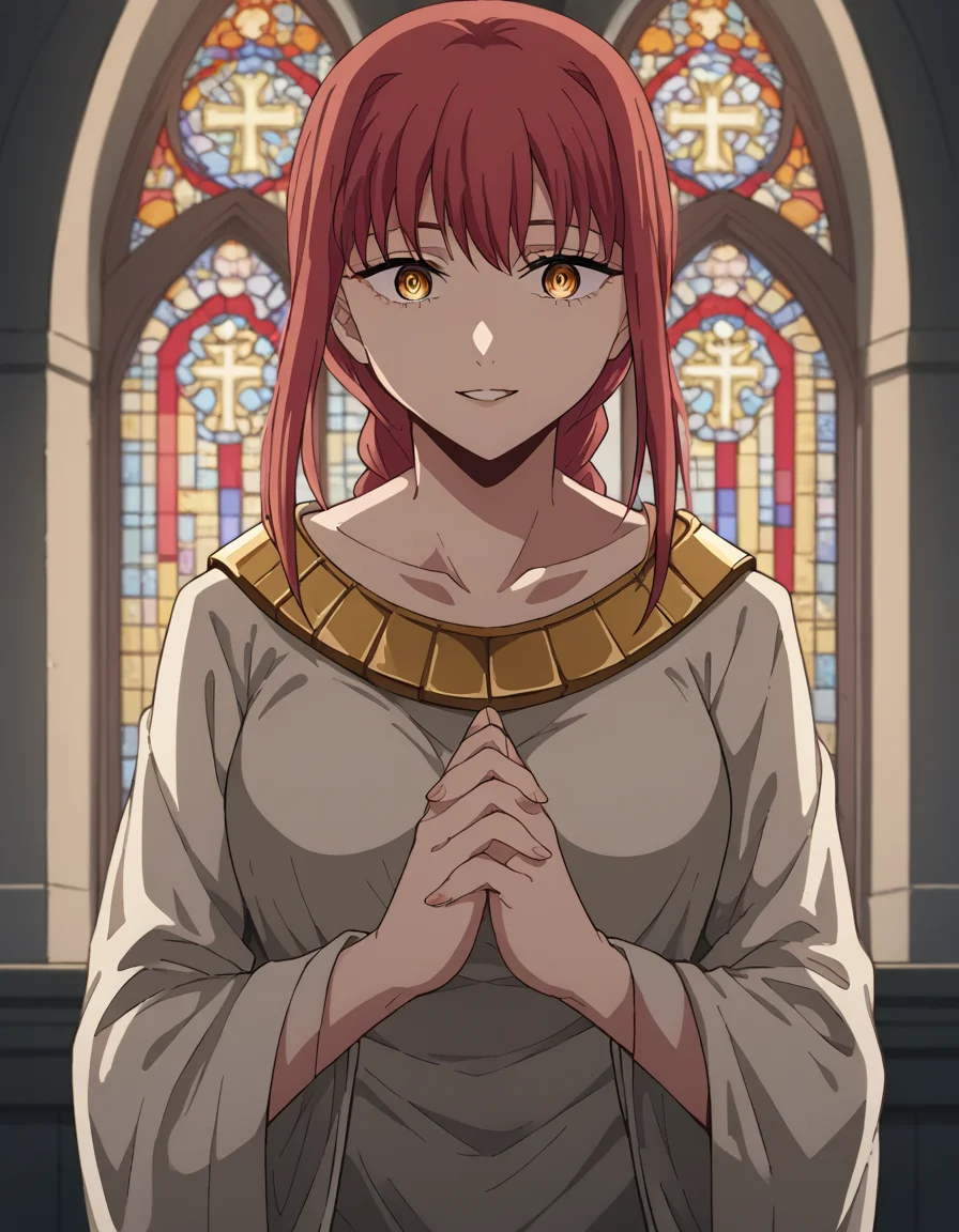 score_9, score_8_up, score_7_up, source_anime, <lora:chainsaw-man-makima-s1-ponyxl-lora-nochekaiser:1> makima, long hair, smile, bangs, yellow eyes, braid, red hair, braided ponytail, ringed eyes, medium breasts,, <lora:buddhist-nun-ponyxl-lora-nochekaiser:1>, buddhist nun, nun, habit, vitakra mudra, mudra, coif, gold necklace, priestess,, church, parted lips, praying,, cowboy shot