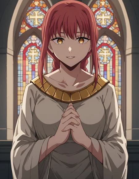 score_9, score_8_up, score_7_up, source_anime, <lora:chainsaw-man-makima-s1-ponyxl-lora-nochekaiser:1> makima, long hair, smile, bangs, yellow eyes, braid, red hair, braided ponytail, ringed eyes, medium breasts,, <lora:buddhist-nun-ponyxl-lora-nochekaiser:1>, buddhist nun, nun, habit, vitakra mudra, mudra, coif, gold necklace, priestess,, church, parted lips, praying,, cowboy shot
