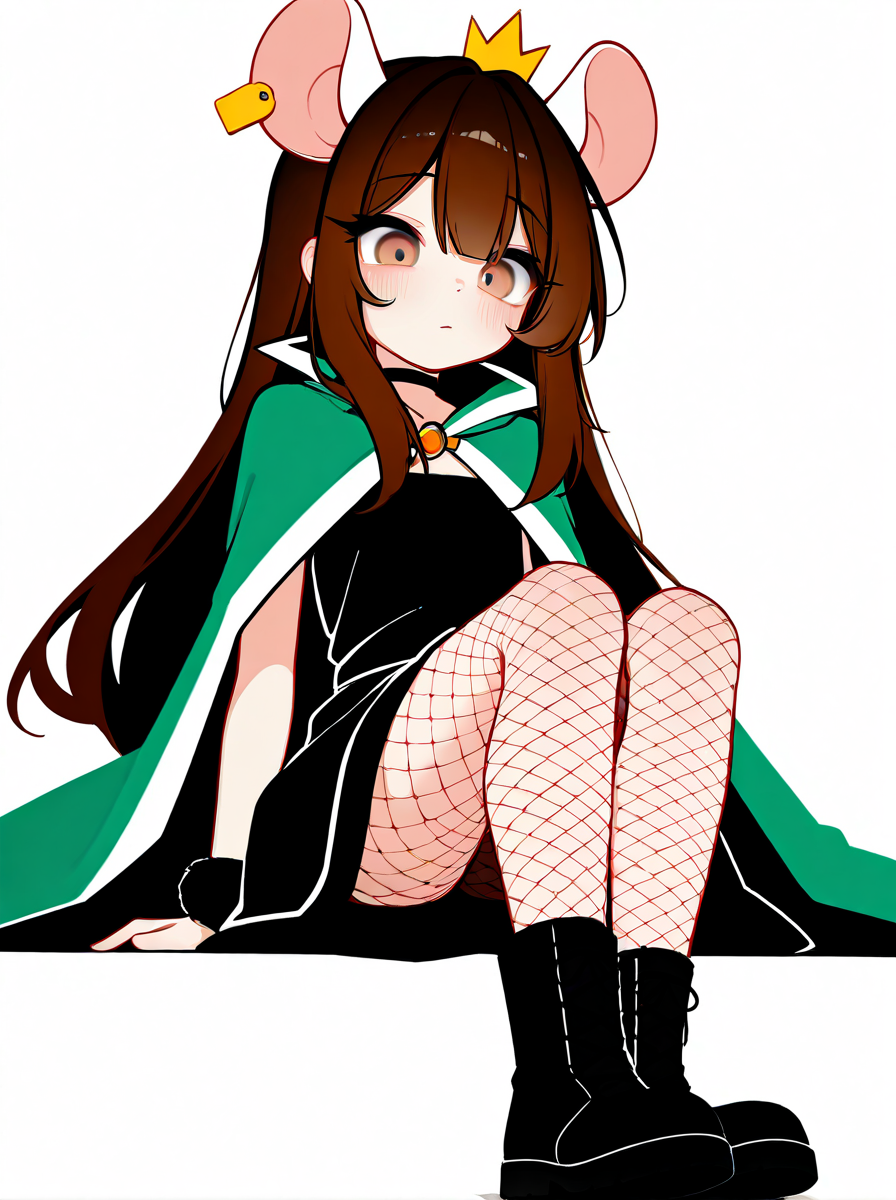 digital media \(artwork\), (masterpiece, high quality, best quality, 8k uhd, absurd res, very aesthetic, newest),solo, by magnaluna, <lora:QKICuki-Illus:0.8> 1girl, mini crown, brown hair, long hair, light brown eyes, rat ears, ear tag, rat girl, long eyelashes, petite, black dress, green cape, fishnet pantyhose, boots
