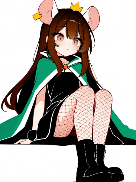 digital media \(artwork\), (masterpiece, high quality, best quality, 8k uhd, absurd res, very aesthetic, newest),solo, by magnaluna, <lora:QKICuki-Illus:0.8> 1girl, mini crown, brown hair, long hair, light brown eyes, rat ears, ear tag, rat girl, long eyelashes, petite, black dress, green cape, fishnet pantyhose, boots