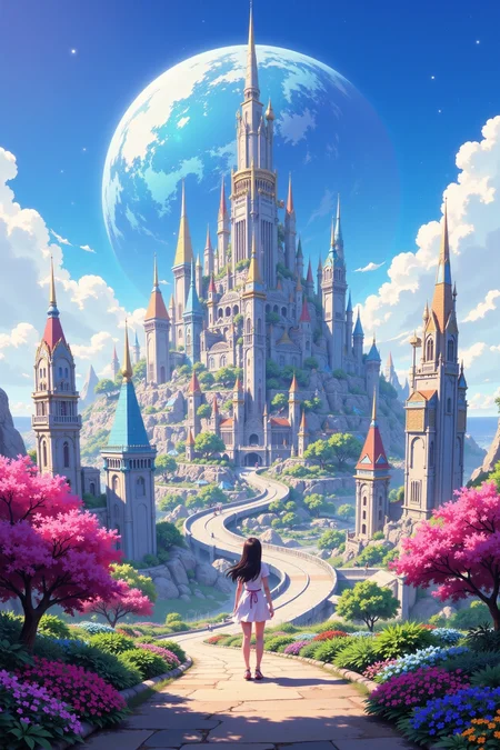 a futuristic planetary city beautiful anime landscape, bright sunny sky, woman, very intricate, very detailed, sharp, bright, colorful, <lora:Hand v2:0.5> <lora:Anti-Blur:1><lora:Insane Detail Slider:0.25> <lora:flux.1_lora_flyway_Epic-detail_v2:0.3> <lora:fluxenhancer:0.25> <lora:ROWER:0.6> <lora:flux-charmer-v1-1:0.4> <lora:classic-cartoon:1> cl4ss1cc4rt00n