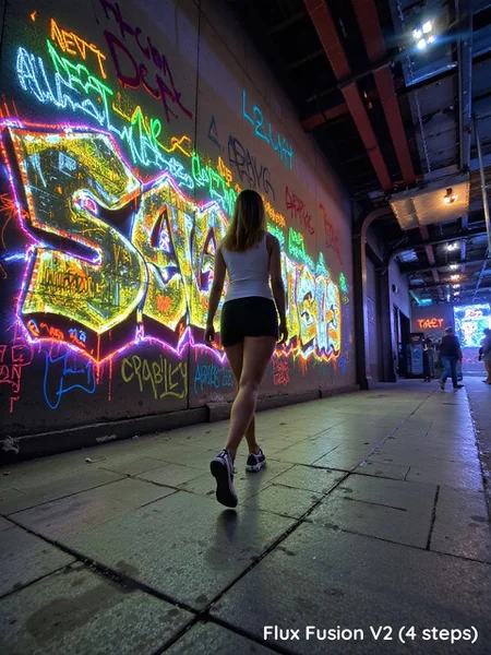 Futuristic low-angle shot, woman walking on a neon-lit sidewalk, graffiti wall behind her glowing with digital street art, shifting colors and holographic tags. The ground beneath her reflects a soft, futuristic glow, her footsteps echoing in the neon-lit city. High-tech yet gritty, blending urban street culture with a futuristic aesthetic, vibrant and electric.