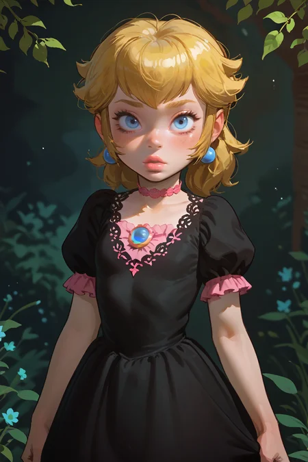 score_9,score_8_up,score_7_up,score_6_up,score_5_up,score_4_up,
1girl, solo, princess peach, blonde hair, makeup, black lips, eyeliner, eyeshadow, looking at viewer, flat chest, black dress,short sleeve, puffy sleeves, black lace dress, pink choker,
 <lora:1StS_age_slider_v1_initial_release:-4>
 <lora:princess-peach-showtime-ingame-ponyxl-lora-nochekaiser:0.8>
 <lora:Incase_PDXLV1:1> incasestyle,