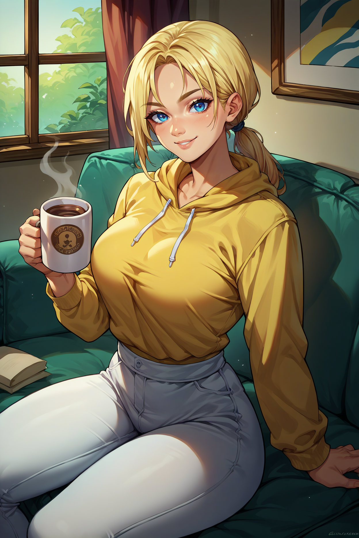 score_9, score_8_up, score_7_up, score_6_up, source_anime, 1girl, solo <lora:sonyablade-pdxl-nvwls-v1-000005:1> m1sb, blonde hair, low ponytail, blue eyes, large breasts, fit, yellow hoodie, white pants, sitting, couch, holding mug of coffee, indoors, looking at you, smile