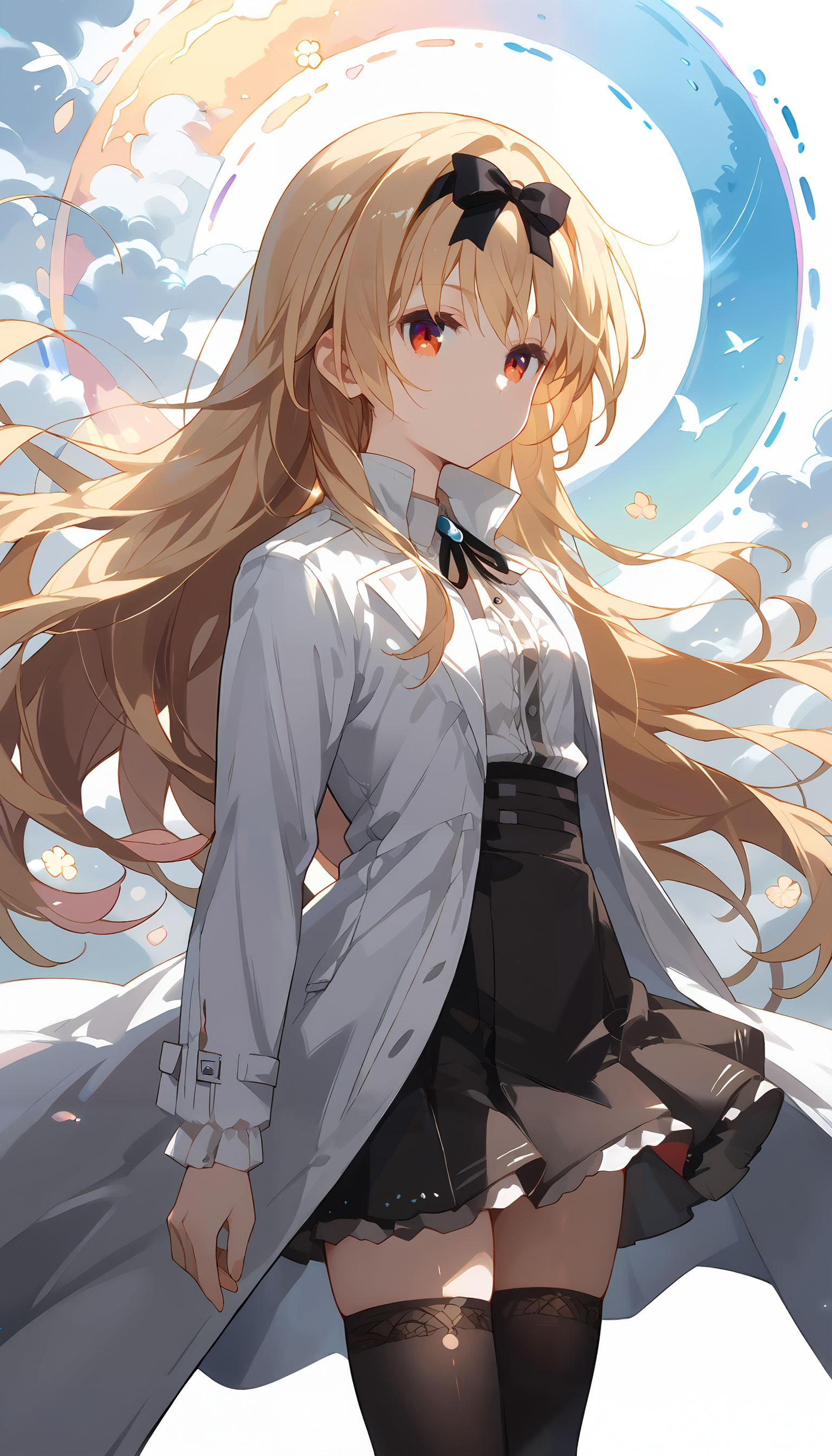 score_9, score_8_up, score_7_up,source_anime,Yue,standing,hair swirling in wind, hair swirling in intricate patterns,White dress,White shirt, (black skirt), white coat, black thighhighs, black hairband, hairbow, neck ribbon,detailed background,colorful lights,magnificent view,breathtaking scenery,8k,16k,Illustration,official artwork,wallpaper,official art