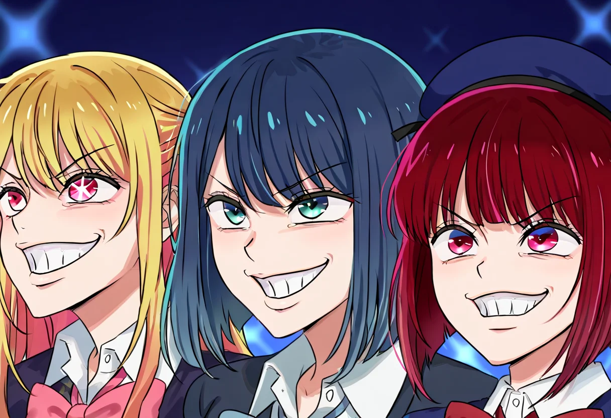 (masterpiece, high quality, amazing detail), highres, getter team pose meme, smile, 3girls, grin, meme, hoshino ruby, kurokawa akane, arima kana, <lora:getter_team_pose-15:1>