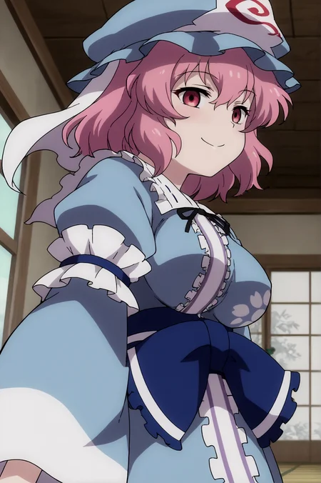 score_9, score_8_up, score_7_up,anime_source, source_anime, best background, detailed background, anime screencap, Yuyuko, blue kimono, hat, japanese clothes, kimono, long sleeves, mob cap, seductive smile, solo, triangular headpiece, wide sleeves, horny face, naughty face, dynamic camera, dynamic angle, from side, indoors, <lora:JN_Yuyuko_Saigyouji:0.8>