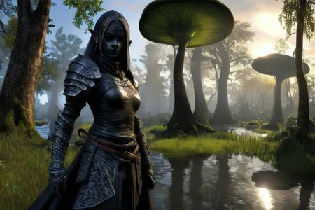 RAW photo, (masterpiece:1.3), subsurface scattering, heavy shadow, (high quality:1.4), (intricate, high detail:1.2), professional photography, HDR, High Dynamic Range, realistic, ultra realistic, photorealistic, high resolution, film photography, ambient lighting, atmospheric effects, <lora:detail_slider_v4:2>, OverallDetail,  a darkelf scout, detailed face, wearing headdress, intricate darkelf leather armor and black cape, belt, drow, <lora:Drow:0.6>, in  a swampy area in Morrowind with trees, giant mushrooms, night, <lora:Morrowind:0.77>, epiCPhoto,  <lora:zoom_slider_v1:-1>