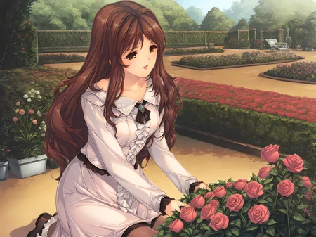 <lora:Oyako_Rankan_Illustrious:0.8>,1girl,solo,min-naraken,saya,open mouth,smile,sy casual outfit,cowboy shot,outdoors,garden,flower,rose,gardening,kneeling,, masterpiece,best quality,amazing quality,