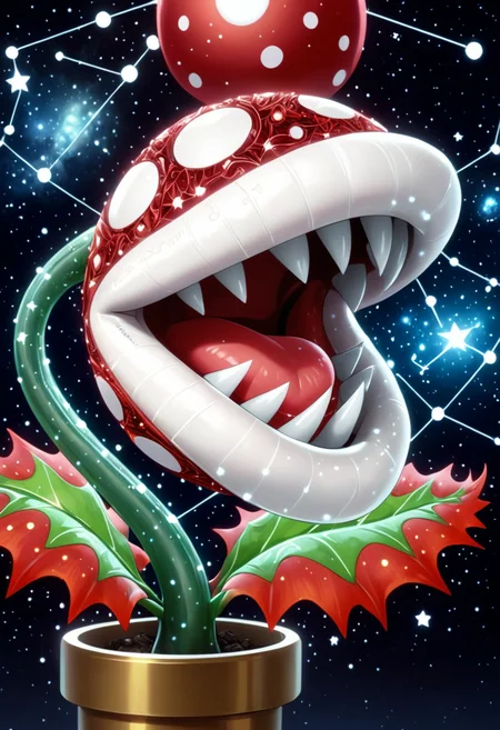 (anime, masterpiece, intricate), (best quality, hires textures, high detail:1), (4k),(incredibly detailed:1),UHD, 8K, ultra detailed , <lora:Starry_Morph:.8> <lora:PiranhaPlantXL:0.8> starry_morph PiranhaPlantXL, white lips, Red Plant, star white Spots, Fangs, red theme, constellation,âââ