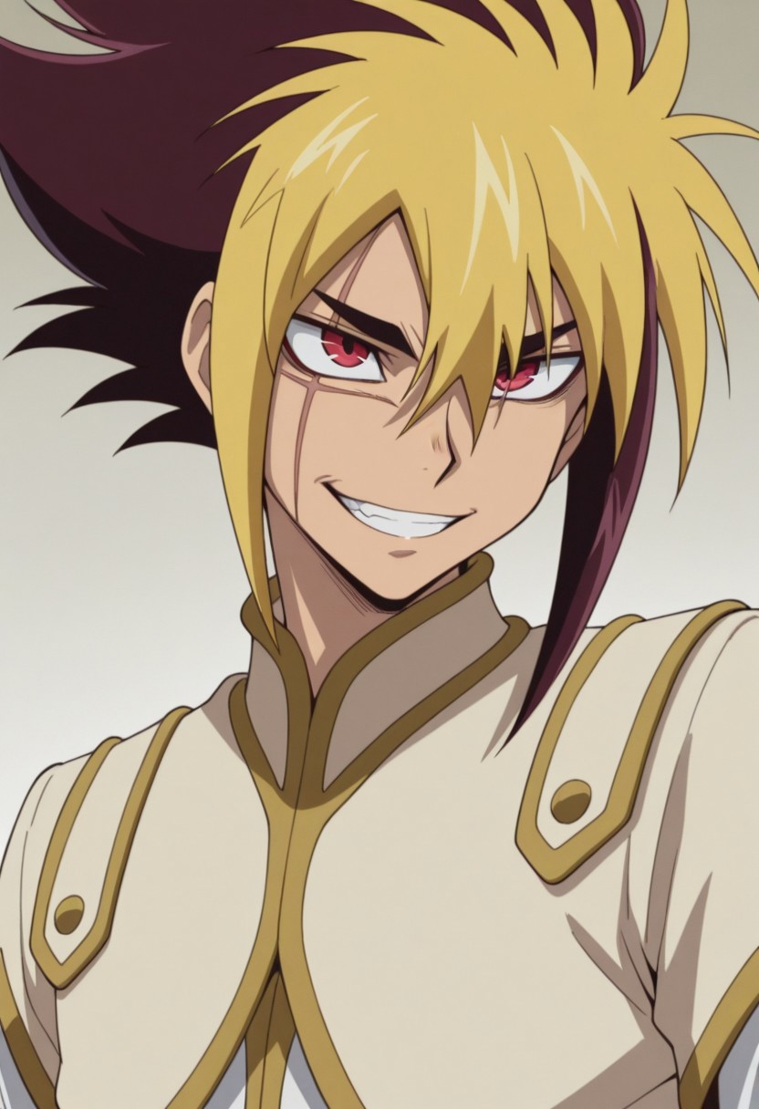 masterpiece,best quality,amazing quality, source_anime, 
Thomrclight, 1boy, male focus, solo, red eyes, scar across eye, multicolored hair, brown hair, blonde hair, shirt, white shirt, coat, brown coat, short over long sleeves, portrait, grin,