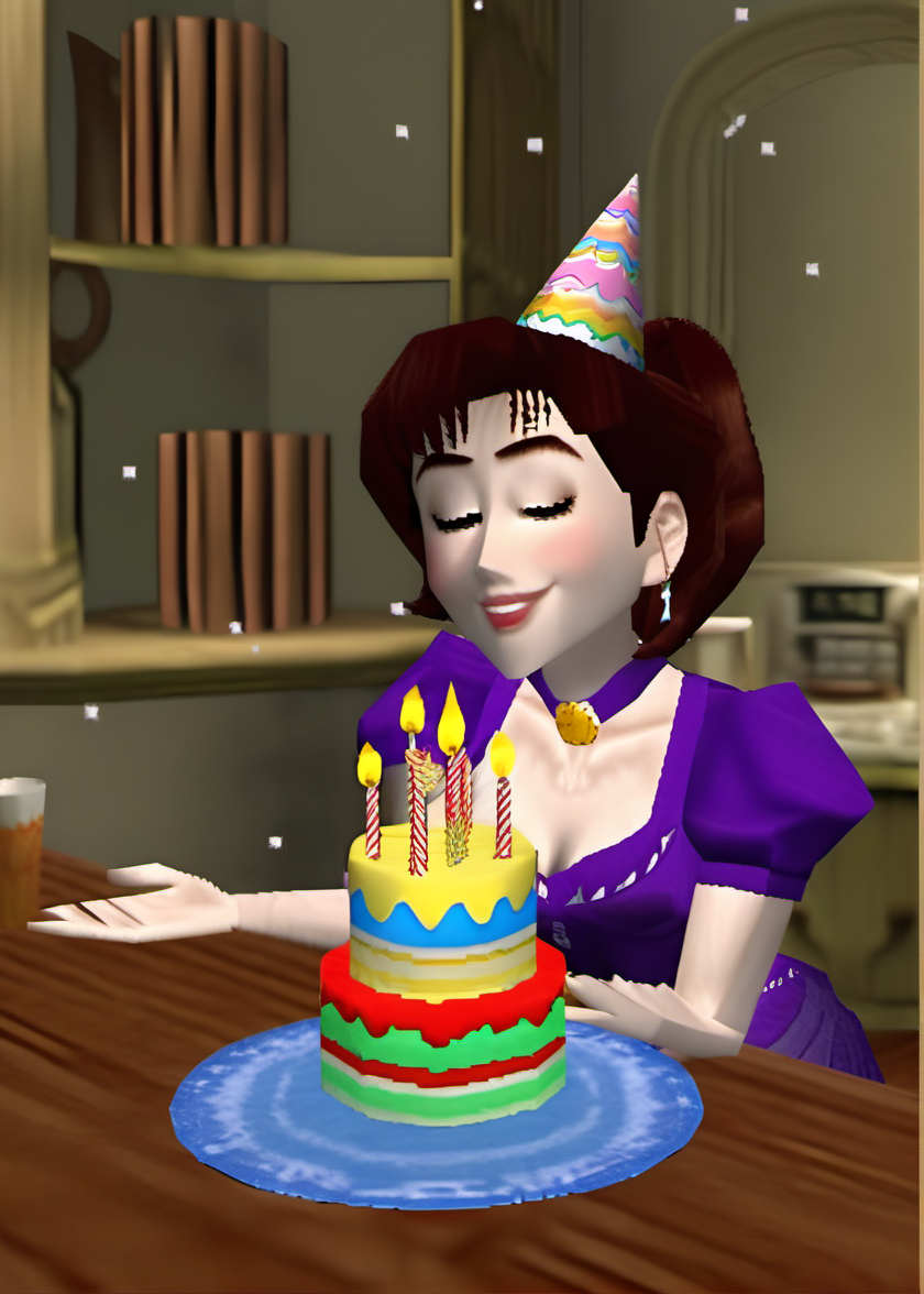 photo of a young woman, birthday party, cake, (ps1 style:1),  <lora:ps1_style_SDXL_v1:1>, (game screenshot), (computer generated image)