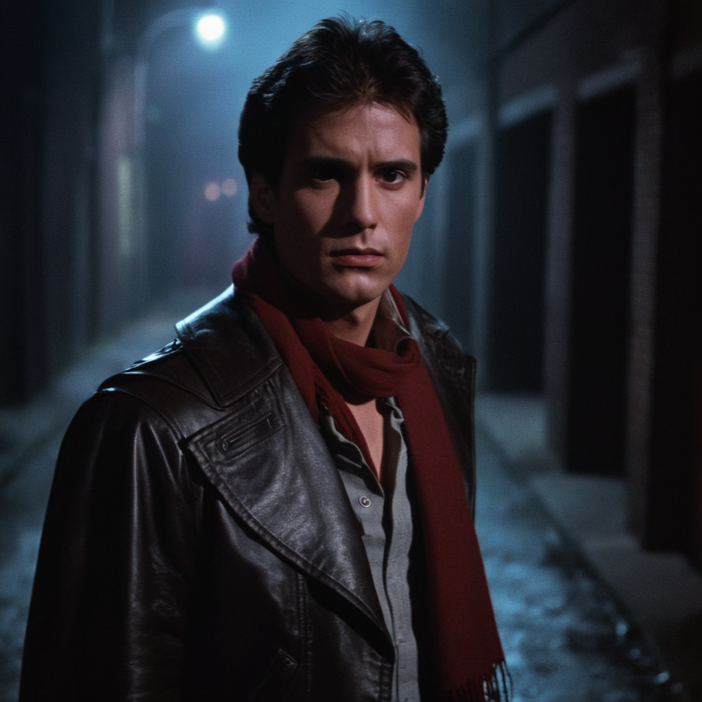 Horror-themed,  <lora:Fright Night 1985 style v2:0.9>
In the 1980's Cinematic Medium Shot Film Footage captured by Panavision Cameras and Lenses,Jerry Dandrige a man in a leather jacket and red scarf,staring at camera with a serious look on his face,in a dark alley,with perfect white street light on,Fright Night 1985 Film Style,solo,black hair,1boy,jacket,upper body,male focus,scarf,blurry,blurry background,red scarf,realistic,retro artstyle,manly,leather,leather jacket , horror themed, dark themed, low key light, dramatic light, dramatic shadow light, contrast, cinematic color, cinematic look, filmic, realistic, realism, perfection, perfect, Kodak, Kodak film, movie still, Fright Night 1985 style, Fright Night Film style, Eerie, unsettling, dark, spooky, suspenseful, grim, highly detailed