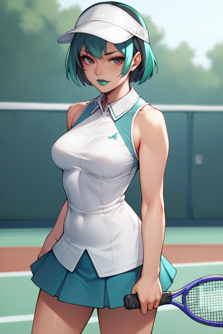 score_9, score_8_up, score_7_up, score_6_up, score_5_up, score_4_up, BREAK source_anime, 1girl, solo, looking at viewer, breasts, <lora:gwentd-guy-ponyv1:.9>, gwentd, multicolored hair, two-tone hair, makeup, green lips, tennis uniform, tennis racket, tennis court, hat, skirt,