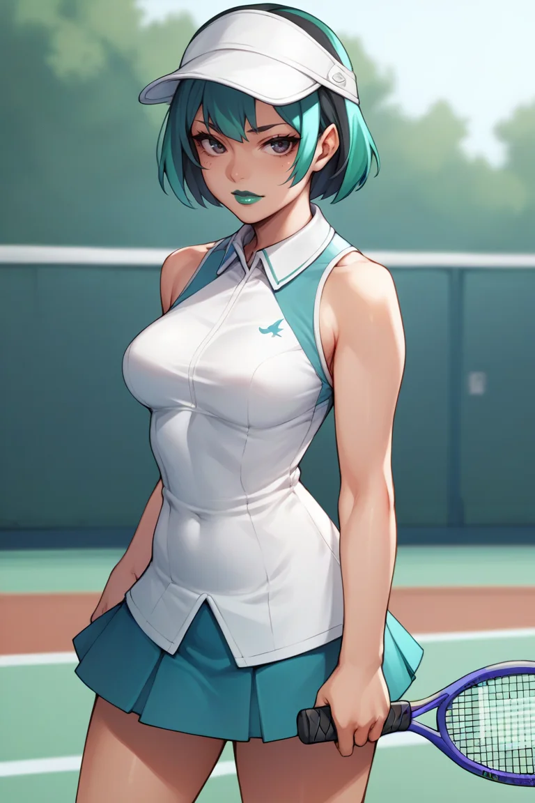 score_9, score_8_up, score_7_up, score_6_up, score_5_up, score_4_up, BREAK source_anime, 1girl, solo, looking at viewer, breasts, <lora:gwentd-guy-ponyv1:.9>, gwentd, multicolored hair, two-tone hair, makeup, green lips, tennis uniform, tennis racket, tennis court, hat, skirt,