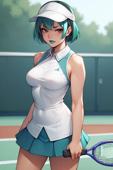 score_9, score_8_up, score_7_up, score_6_up, score_5_up, score_4_up, BREAK source_anime, 1girl, solo, looking at viewer, breasts, <lora:gwentd-guy-ponyv1:.9>, gwentd, multicolored hair, two-tone hair, makeup, green lips, tennis uniform, tennis racket, tennis court, hat, skirt,