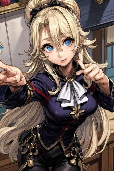 masterpiece, Lily Kokoschka , best quality, best quality, ultra-detailed, highres,sharp focus,(ultra detailed,extremely detailed), 1girl,(masterpiece, best quality), LilyKOKOSCHKA, 1girl, solo, long hair, small breasts, blonde hair, Blue eyes, Deep Blue eyes, hair between eyes, uniform, ascot, wavy hair, eyes visible through hair, white ascot, riding pants, hungry clicker,  outdoors, street, cowboy shot, leaning forward, pointing at viewer,, brutal smile, Best Quality, masutepiece0Beautiful face0Strong-minded woman0fortune teller0Crystal jade0(((House of fortune telling)))