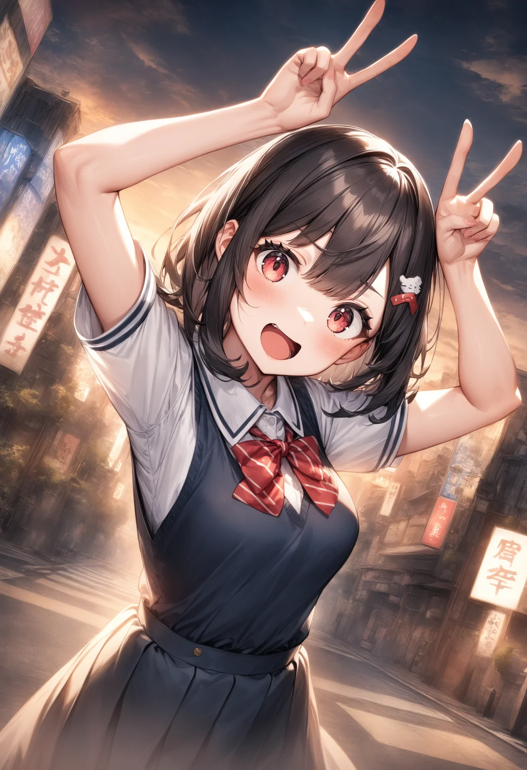 1girl, <lora:sdxl2-flat2-512b:-1>,medium breasts,school uniform,
<lora:usapiece_XL_v1:0.7>usa piece,double v, arms up,
dutch angle, upper body, looking back, crazy smile, Tokyo city, open mouth,
best quality, very aesthetic, absurdres