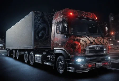 (masterpiece, best quality), highly detailed, ultra-detailed, (night), (city highway), (large truck), (truck bed side:1.3), (japanese tattoo style:1.4), (evil snake:1.5), (serpent scales), (detailed scales), (snake fangs), (glowing red eyes), (menacing), (dark color scheme), (headlights on), (streetlights:1.2), (motion blur:0.8), (high speed), (asphalt road), (reflections), (night atmosphere)