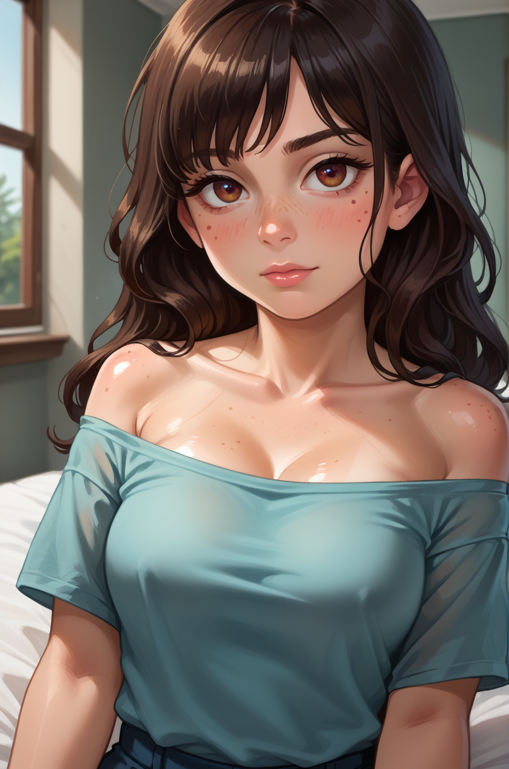 1girl, innocent and alluring, long hair, alternative vibe, beautiful eyes, freckles, medium breasts, subtle cleavage, tight body, slutty, candid picture, (cozy bedroom), off-shoulder shirt, dynamic angle, vibrant lighting, high contrast, dramatic shadows, highly detailed, detailed skin, depth of field, film grain, , score_9, score_8_up, score_7_up, source anime, (shiny skin:1.20),