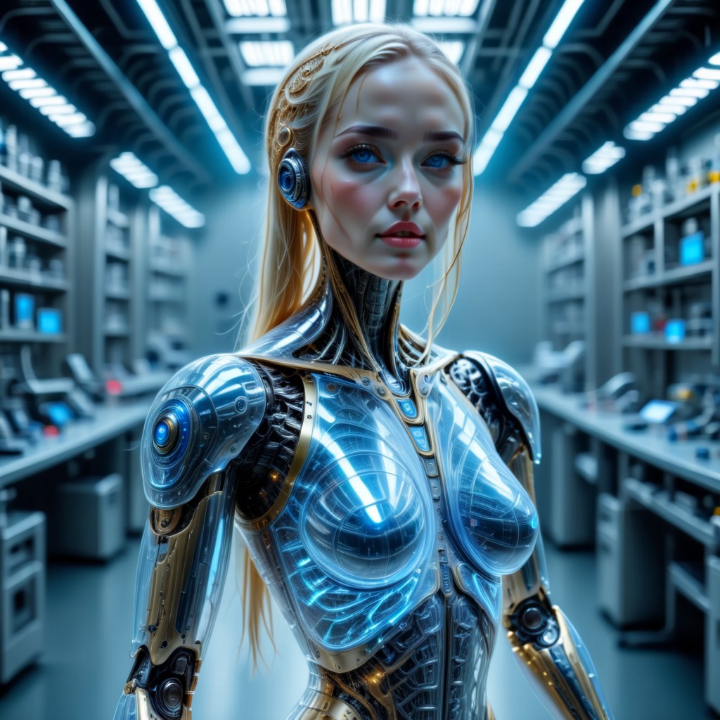 BODY SHOT, extremely detailed, 8k, (BEAUTIFUL BLONDE FEMALE ANDROID:1.3),  BLUE EYES, IN A HIGH TECH FUTURISTIC LABORATORY, LEDS, BIOMECHANICAL BODY PARTS, (TRANSPARENT ULTRA DETAILED BODY shell:1.5) SHOWING blue and gold CIRCUITRY shining bright INSIDE THE BODY, Detailed hand, (DYNAMIC POSES :1.5), perfecteyes
