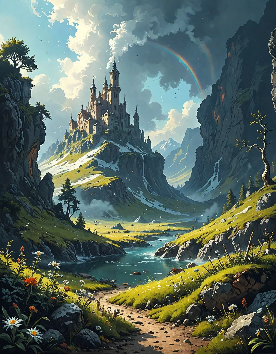 Alpine tundra dotted with edelweiss, birch bark peeling scrolls,Nanotech sand painting self-erasing histories, Fogbow dawn: White rainbow materializing in freezing mist, winds unweaving/reknitting fabric of reality, bi-monthly algae blooms painting seas neon,Bionic dusk charging implant networks, Thickets of roots generating localized gravity fields,
artstation, trending on artstation, highly detailed fantasy art, stocking, intricate, elegant, highly detailed, centered, digital painting, concept art, smooth, sharp focus,group of travelers in landcscape,
<lora:tbh124-sdxl:0.15> style of Jean-Antoine Watteau,
<lora:tbh112-sdxl:0.15> style of Gregory Fromenteau
<lora:add-detail-xl:0.7>
<lora:Flux-XL_Scenery:0.15> flux-scenery,
<lora:Flux-style-xl-lora:0.15> flux-style
<lora:1dkXLP:0.15> 1dk,
<lora:extremely_detailed:0.7> extremely detailed,
<lora:PainterlyFantasiaFlux:0.5> Digital painting style,
<lora:tbh297-sdxl:0.3>,, Baroque art style, dynamic composition, dramatic lighting, rich colors, intricate details, professional-grade execution, captures the grandeur and theatricality of the Baroque period
